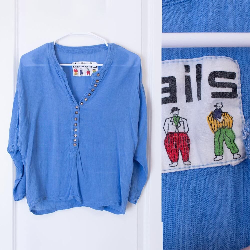 Lagenlook VTG Shirt Blue Hip Hop Tons of Buttons Sheer Top L XL | True Summer
